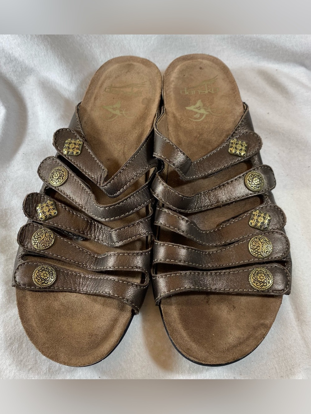 Dansko Brown Multi-Strap Leather Slide Sandals with Decorative Brass Buttons